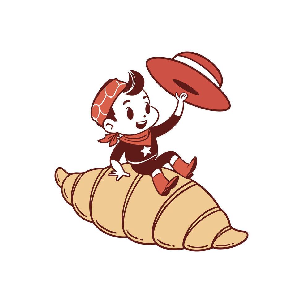 Cute cartoon cowboy boy character riding a giant croissant pastry a whimsical and fun illustration for a bakery logo or mascot design vector