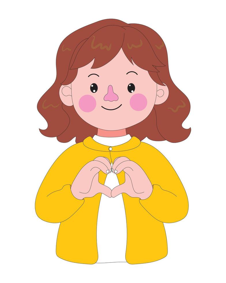 Cute cartoon girl smiling with both hands forming a heart shape. Kawaii style character with pink cheeks and yellow outfit in flat art, perfect for love and kindness concepts. vector