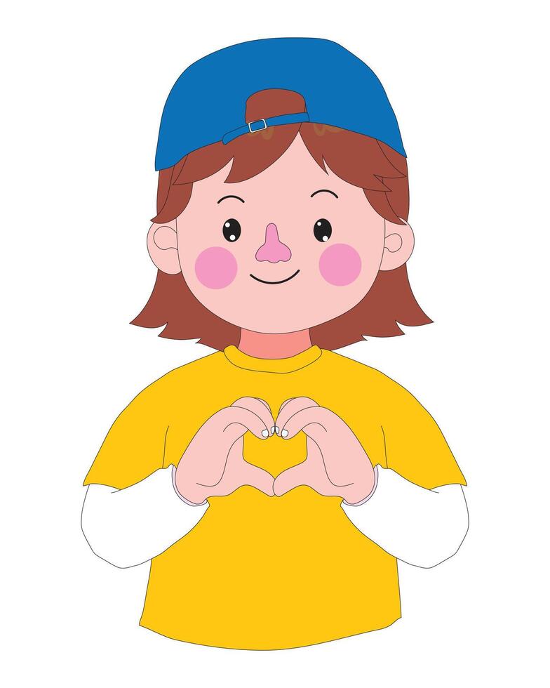 Flat cartoon illustration of a sweet girl smiling while forming a heart shape with her hands. She wears a bright yellow jacket and has a cheerful expression. Perfect for love, care, or emotion themes. vector