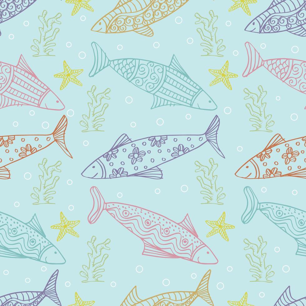 Seamless pattern with fish and seaweed. vector