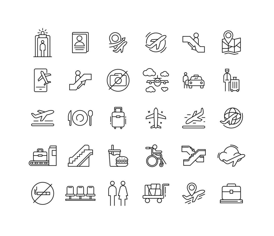 Line Style Icons of Airport and Airline Services Including Airplane Navigation Passport Taxi Luggage and Departure Arrival Travel Symbols vector