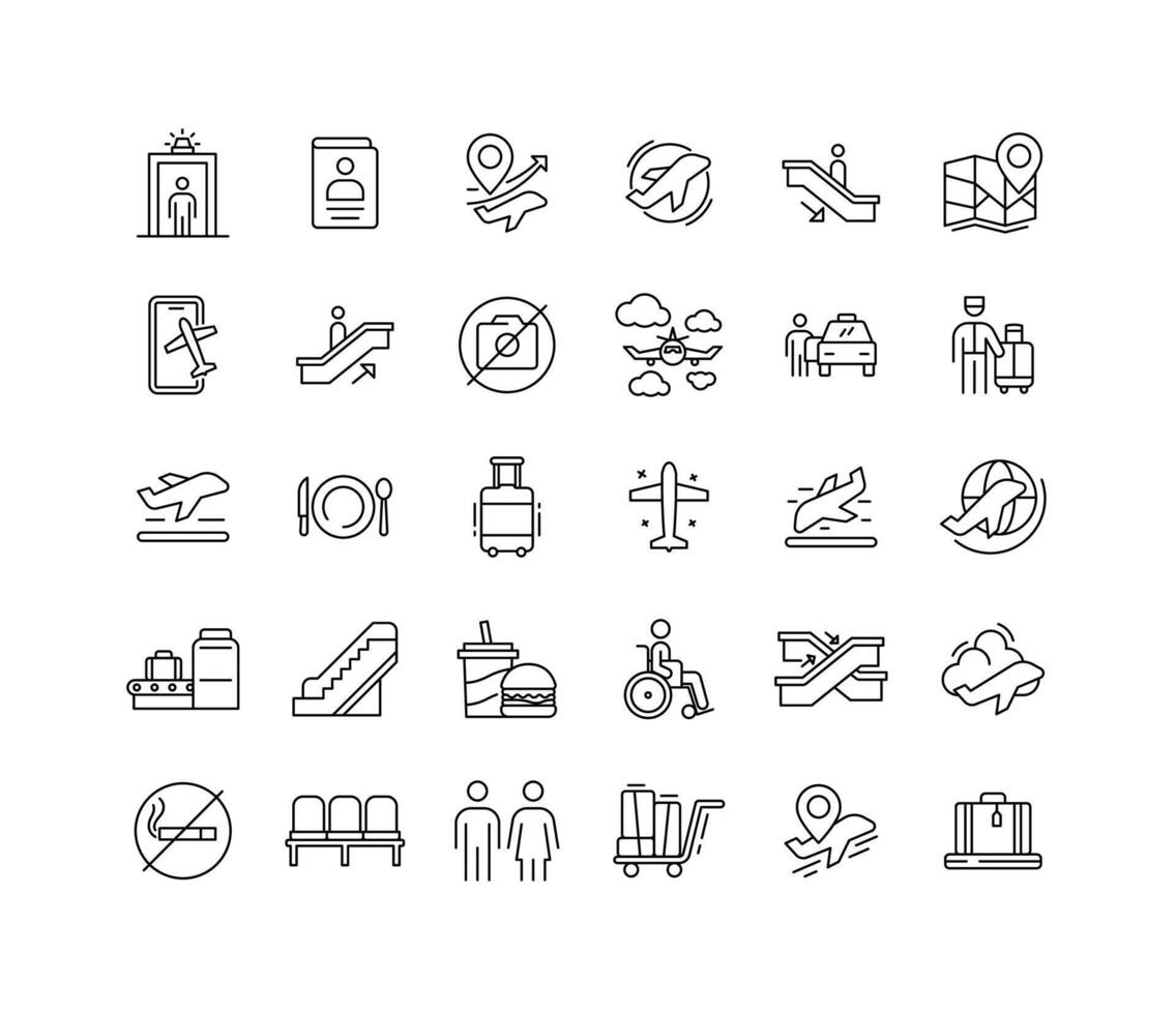 Thin Line Airport Icon Collection Featuring Travel Airplane Luggage Terminal Navigation Boarding Security and Passenger Symbol Elements vector