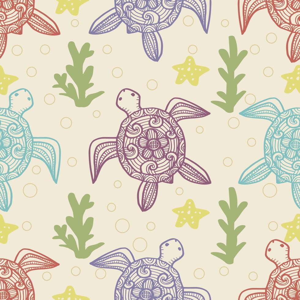 Seamless pattern with turtles and seaweed. vector
