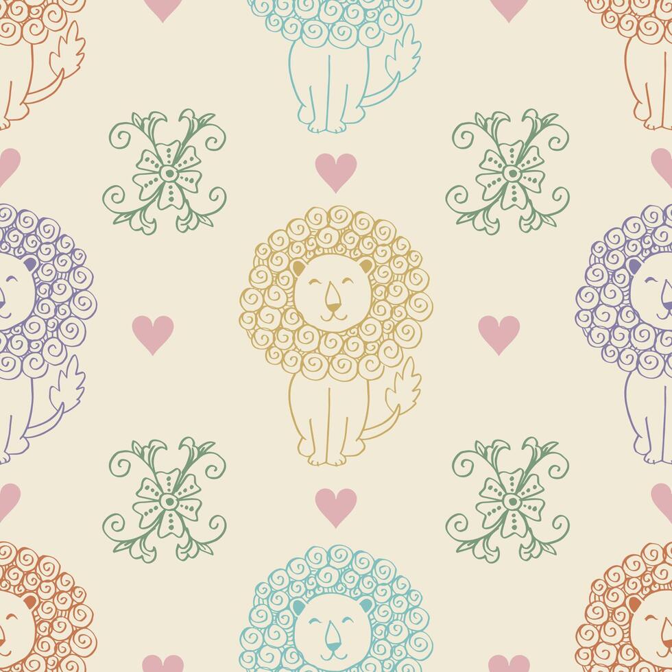 Seamless pattern with cute lion, hearts and flowers. vector