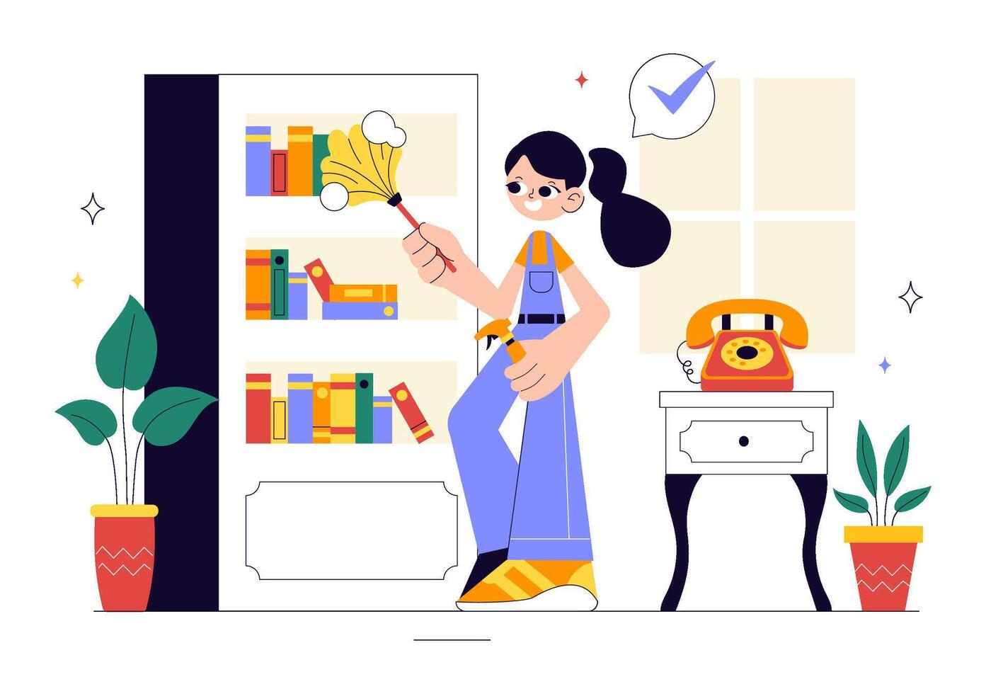 Flat Style Illustration of Home Cleaning Team Sweeping Floors and Wiping Glass Windows vector
