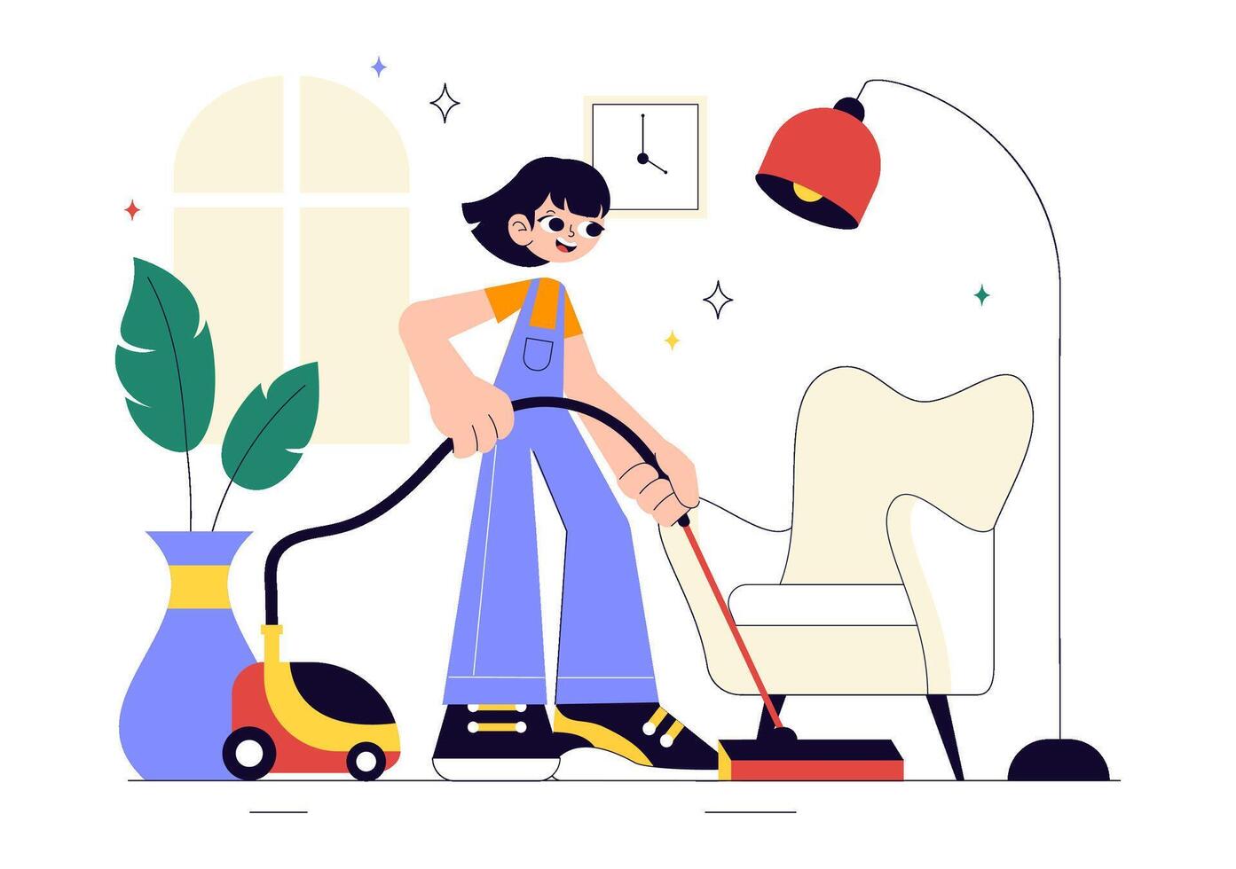 Housekeeping and Maid Service Illustration Showing Sweeping, Mopping, and Glass Cleaning in Flat Design vector