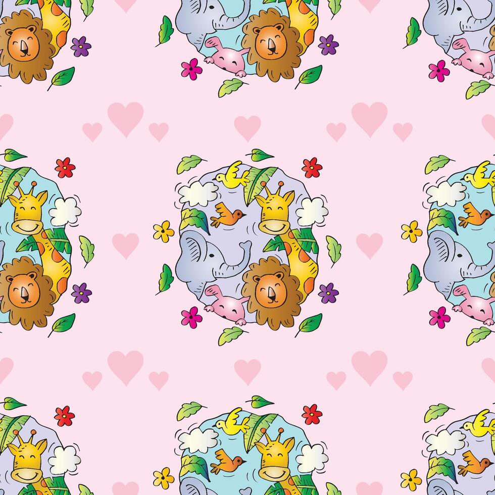 Seamless pattern with cute cartoon animals and hearts on pink background. vector
