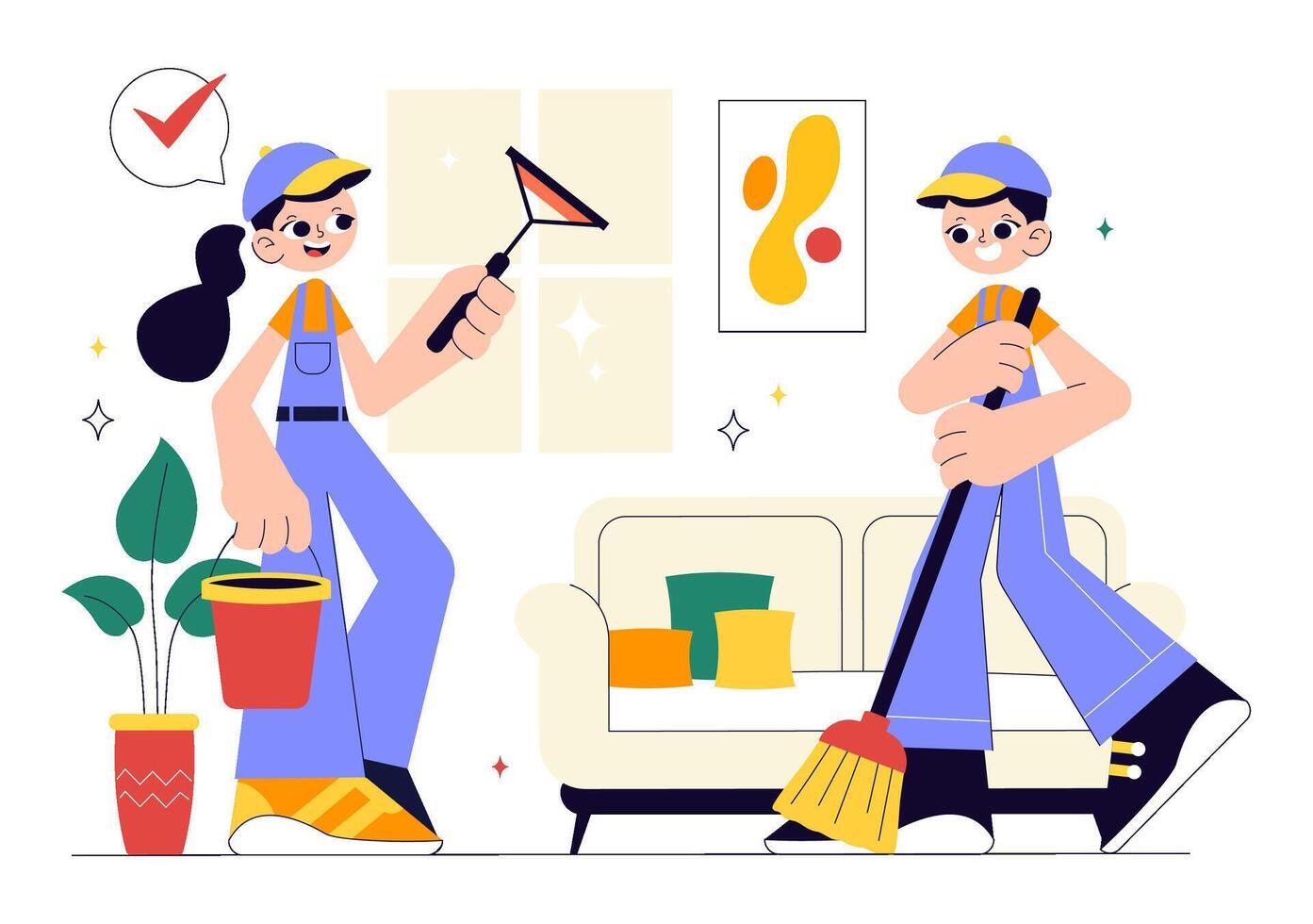 Illustration of Home Cleaning Services with Workers Sweeping, Mopping, and Cleaning Windows in Flat Cartoon Style vector