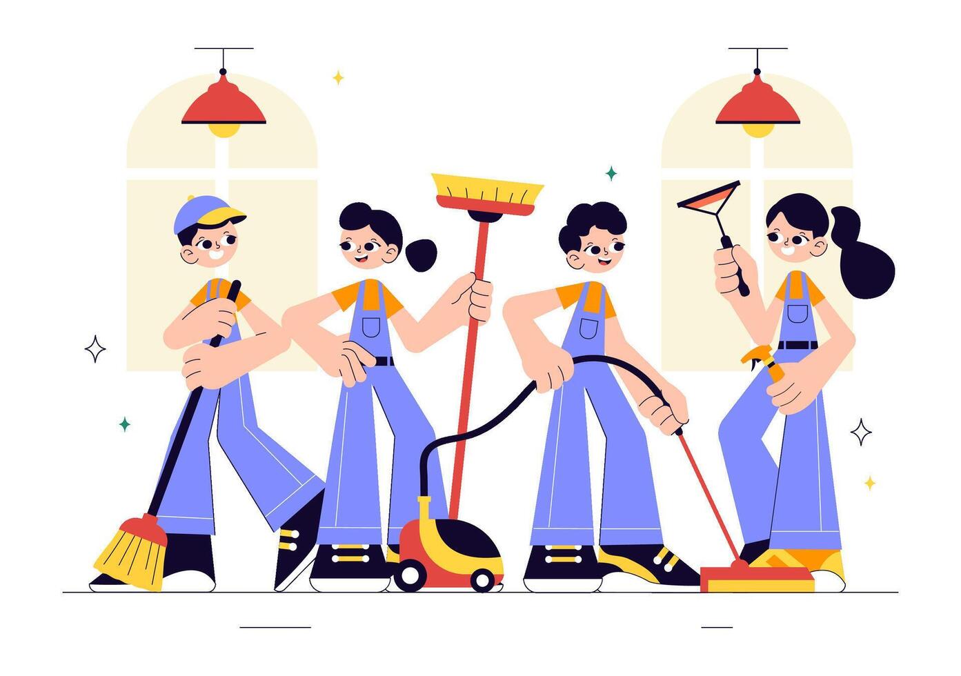 Home Cleaning Team Illustration Featuring Daily Chores Like Floor Sweeping and Window Wiping vector