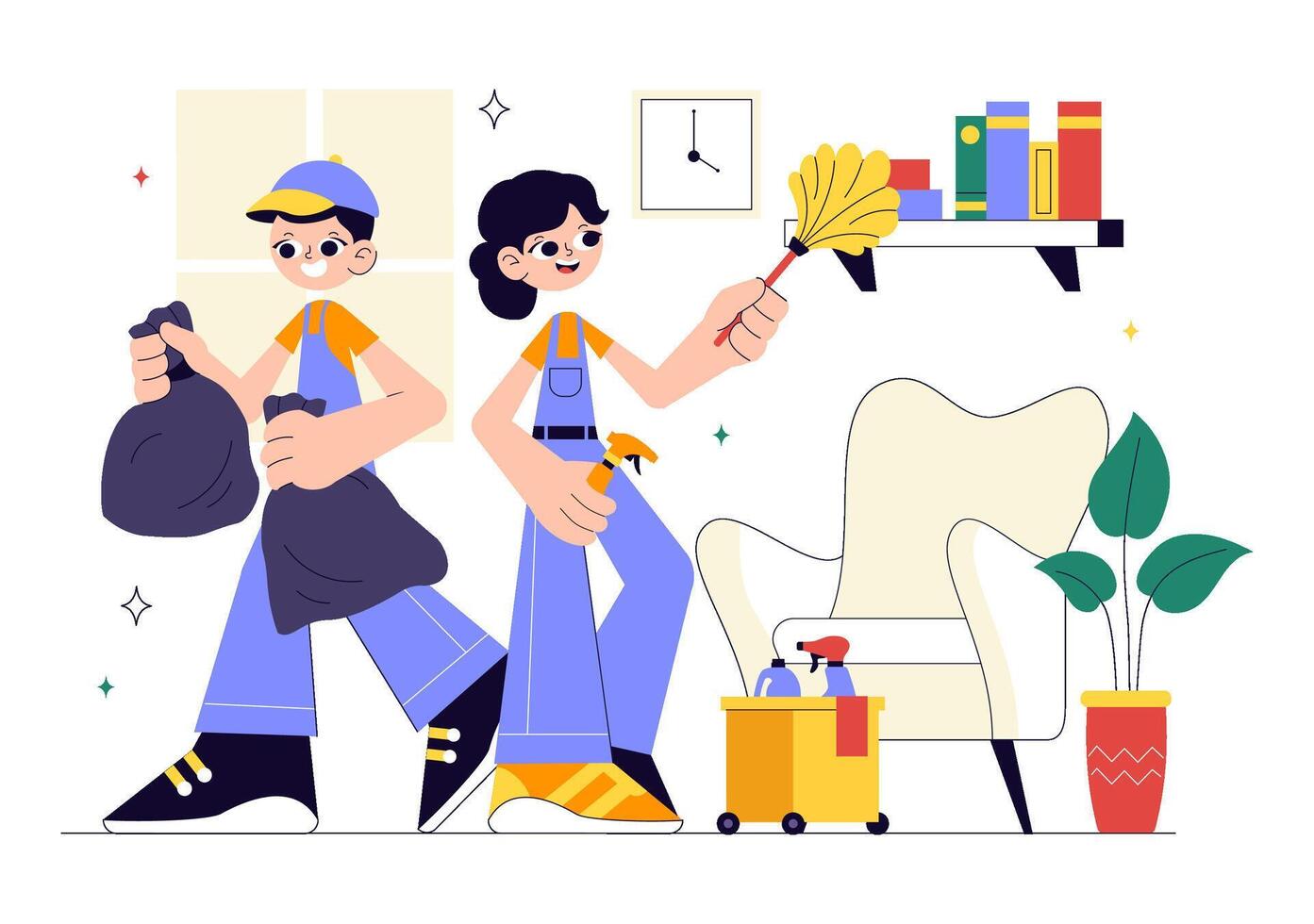 Cartoon Background of Residential Cleaning Services with Active Housekeepers and Tools vector