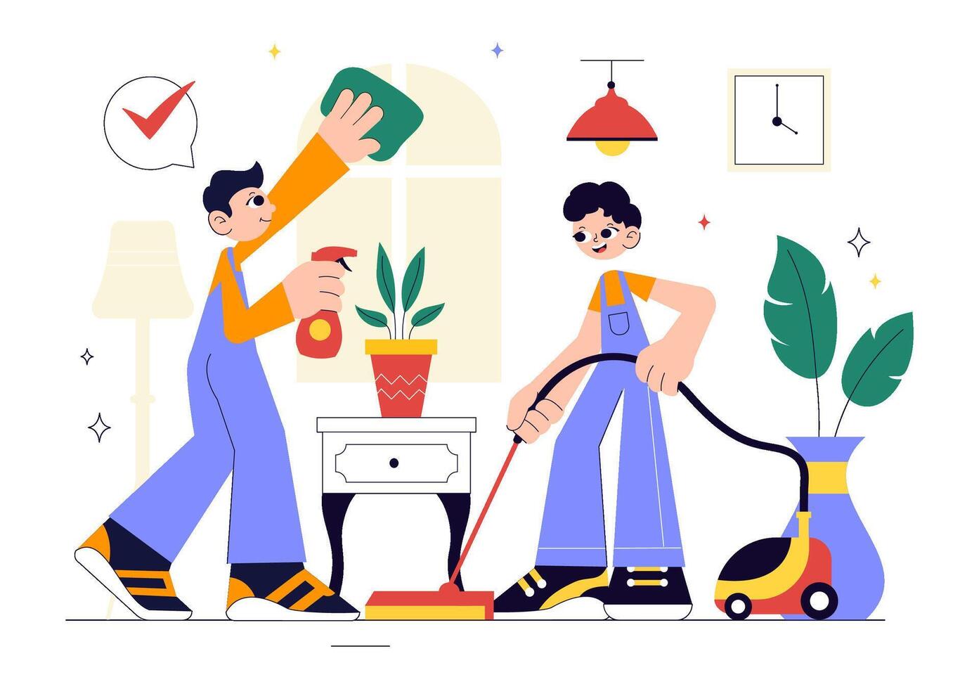 House Cleaning Staff Performing Chores Illustration Including Glass Wiping and Floor Mopping in Flat Style Background vector