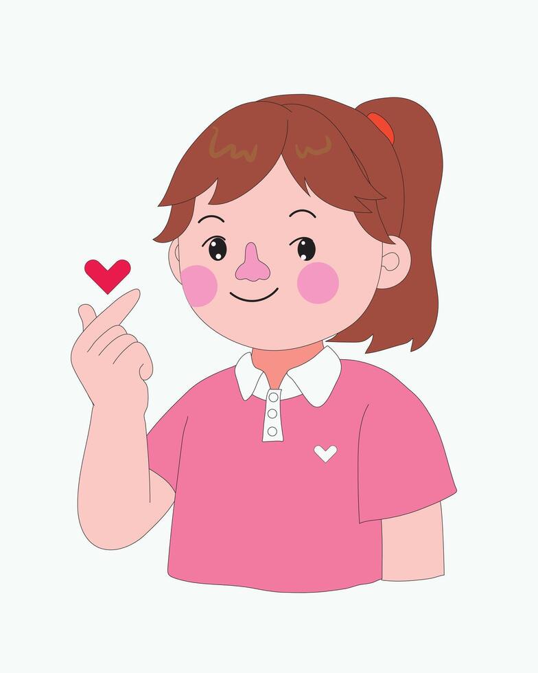 A sweet and happy cartoon girl wearing a pink shirt with a ponytail, smiling and making a finger heart gesture. Great for love, emotion, or kids designs. vector