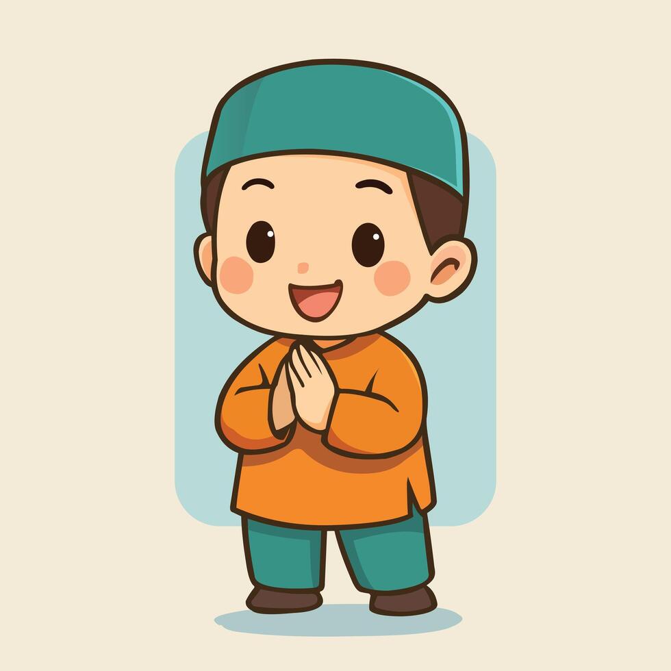 cute chibi muslim boy character vector