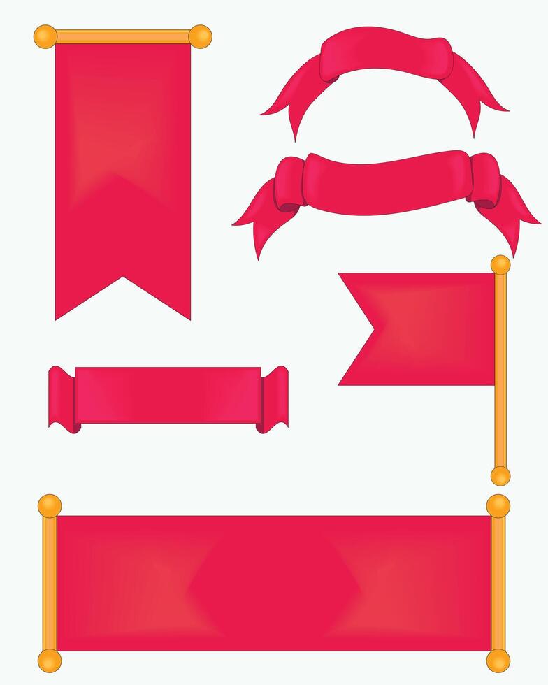 A collection of red decorative ribbons and banners in various shapes and styles. Ideal for labels, badges, awards, and festive designs. Great for your design needs and promotional materials. vector