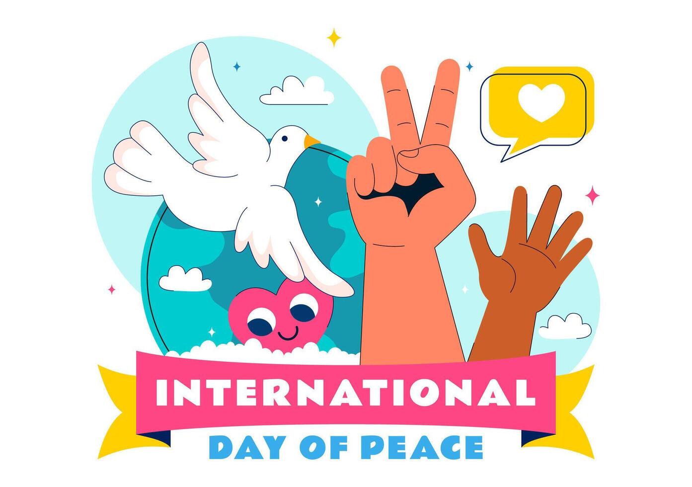 Illustration for International Day of Peace with Hands, Globe, Dove, and Blue Sky Elements in Flat Design vector