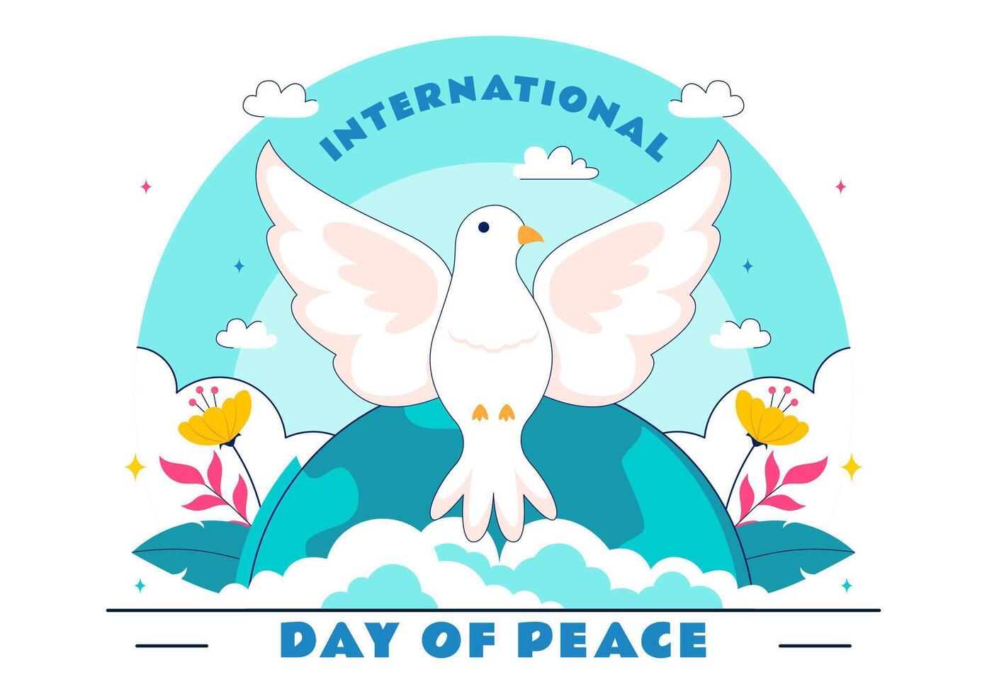 International Day of Peace Illustration with Globe and Peace Dove Flying in Blue Sky Background vector