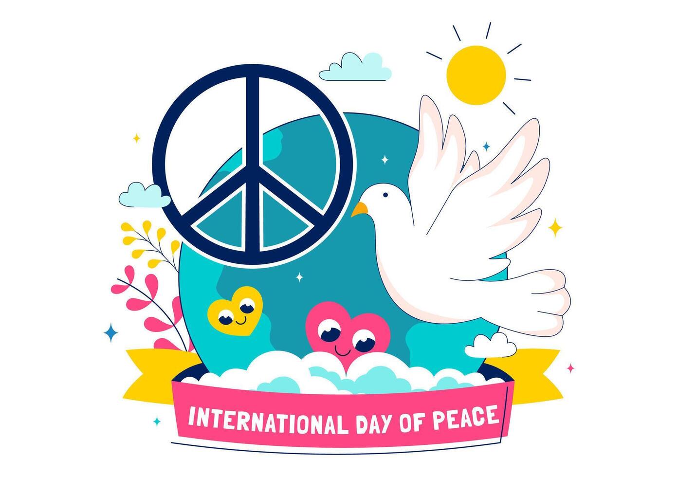 Illustration for International Peace Day with Dove, Earth, and Blue Sky in a Flat Style Background vector