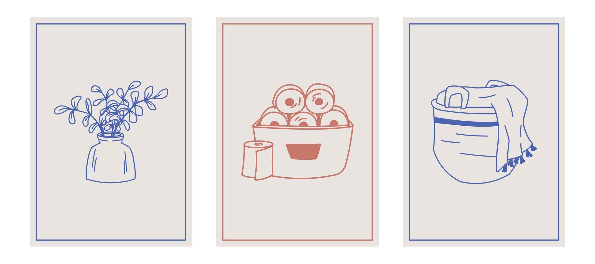 Set of doodle interior posters with decorative vase, toilet paper storage basket, and soft towel container. Minimalist hand-drawn bathroom and home decor illustrations in muted tones. vector