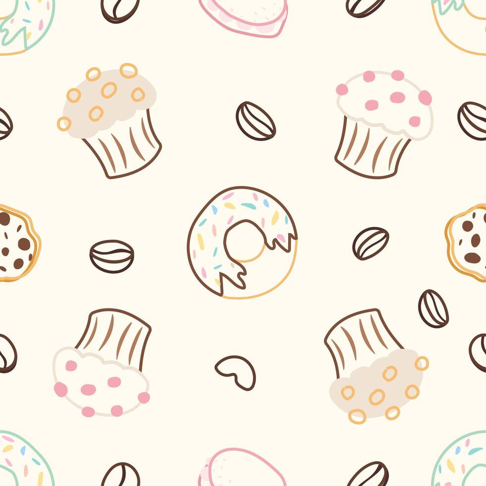Seamless pattern with donuts, cupcakes and coffee beans vector