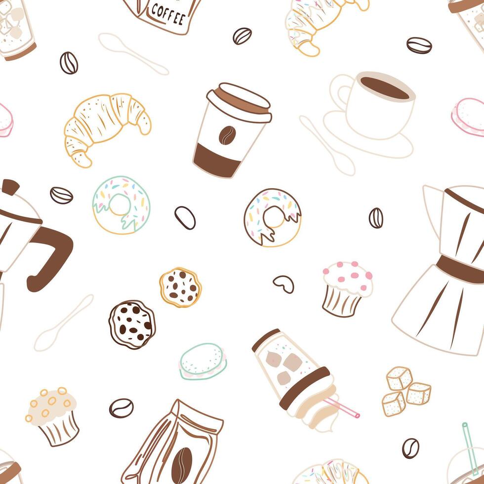 Seamless coffee shop pattern with colored outline elements vector