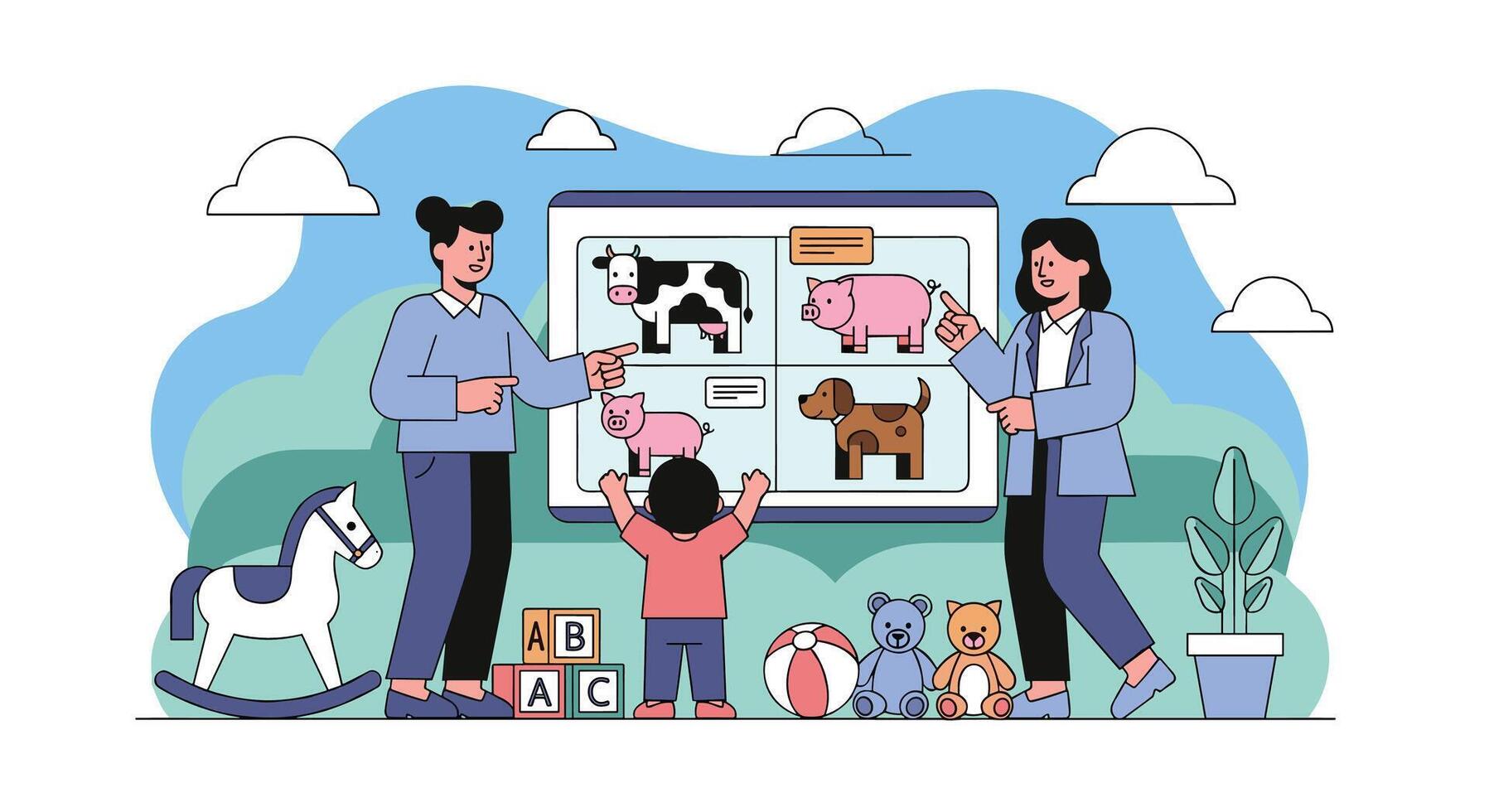 A family is looking at a screen with animals on it vector