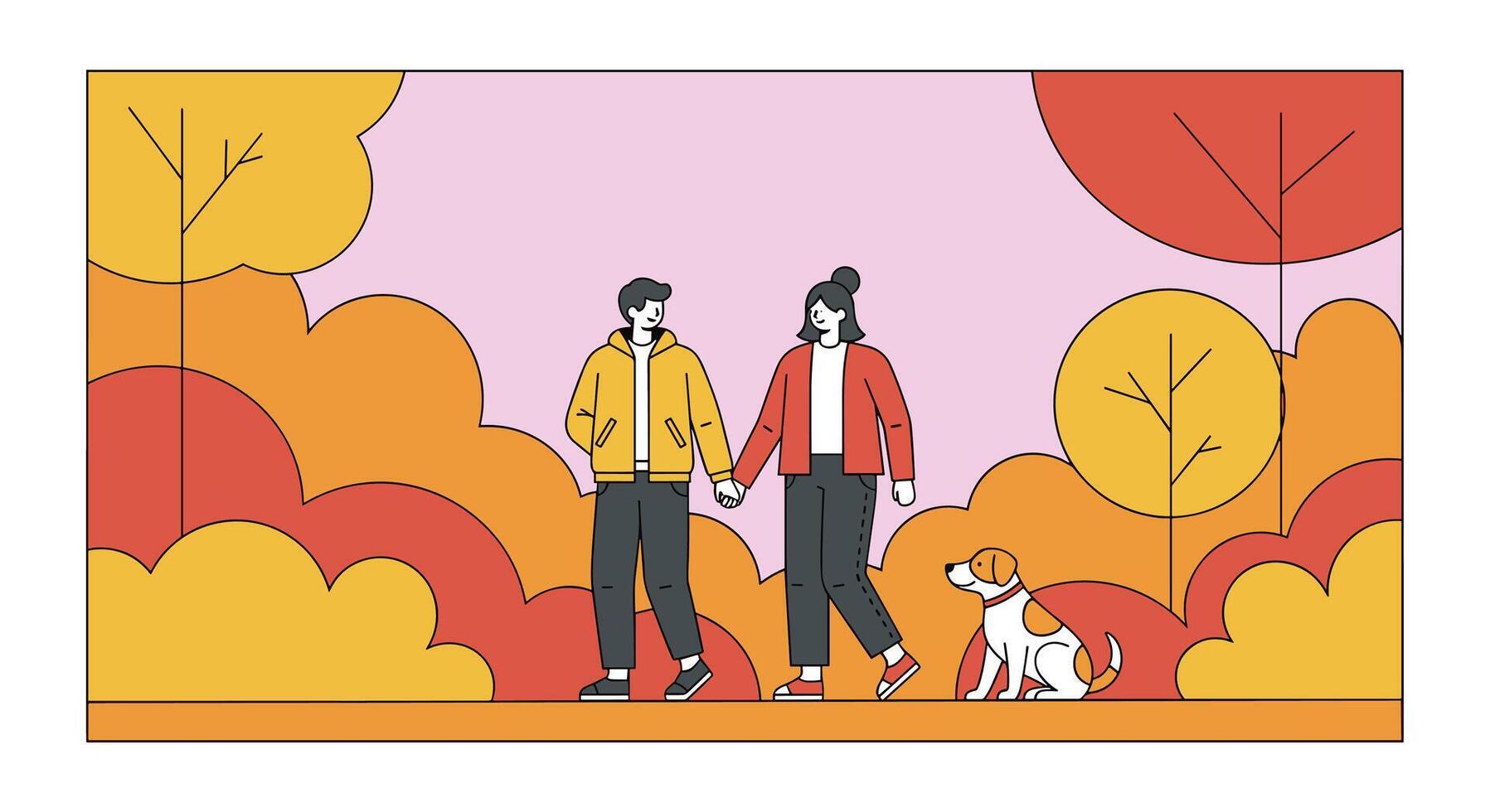Illustration of couple walking dog in autumn vector