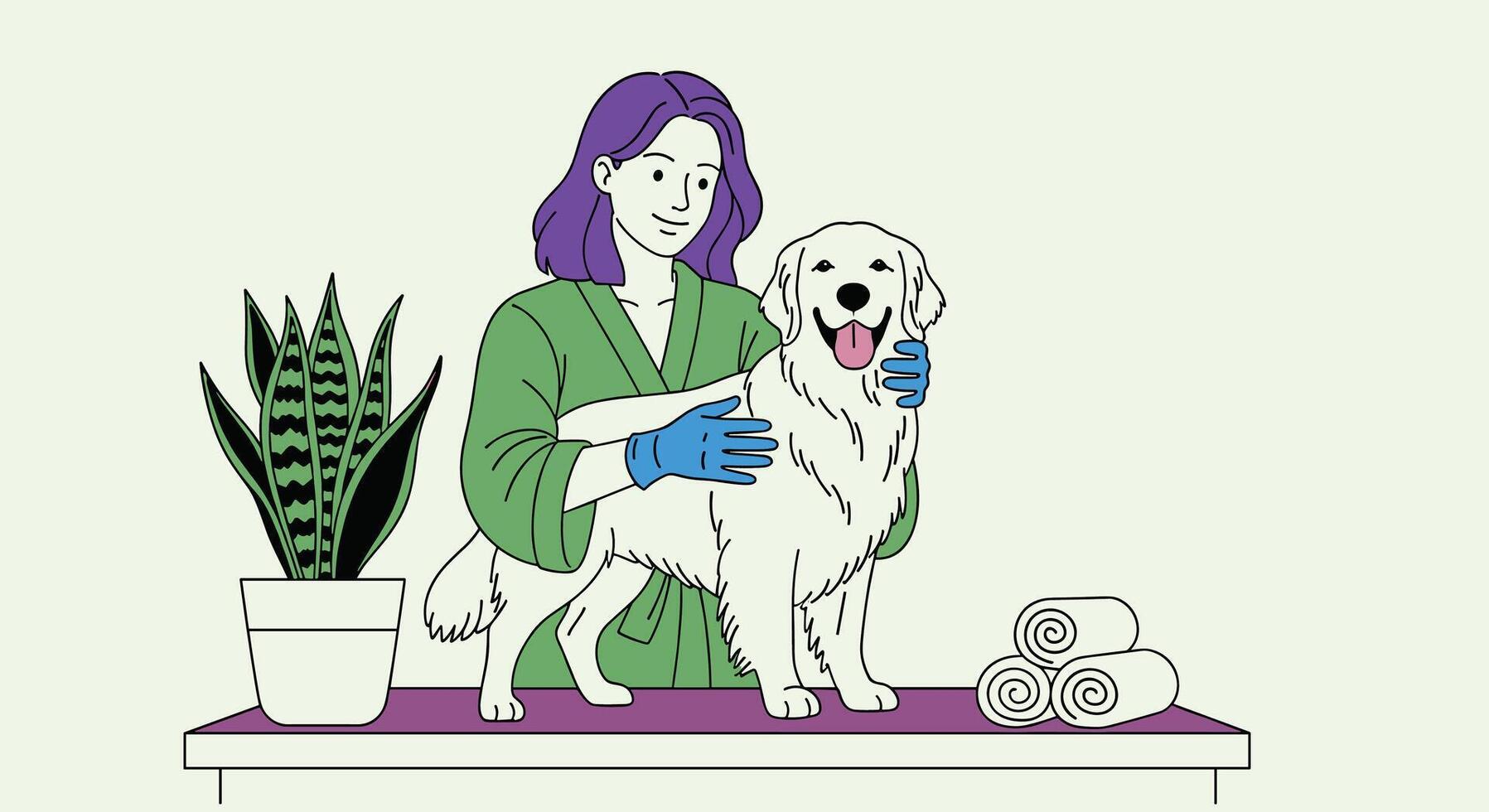 A woman is petting a dog in a green shirt vector