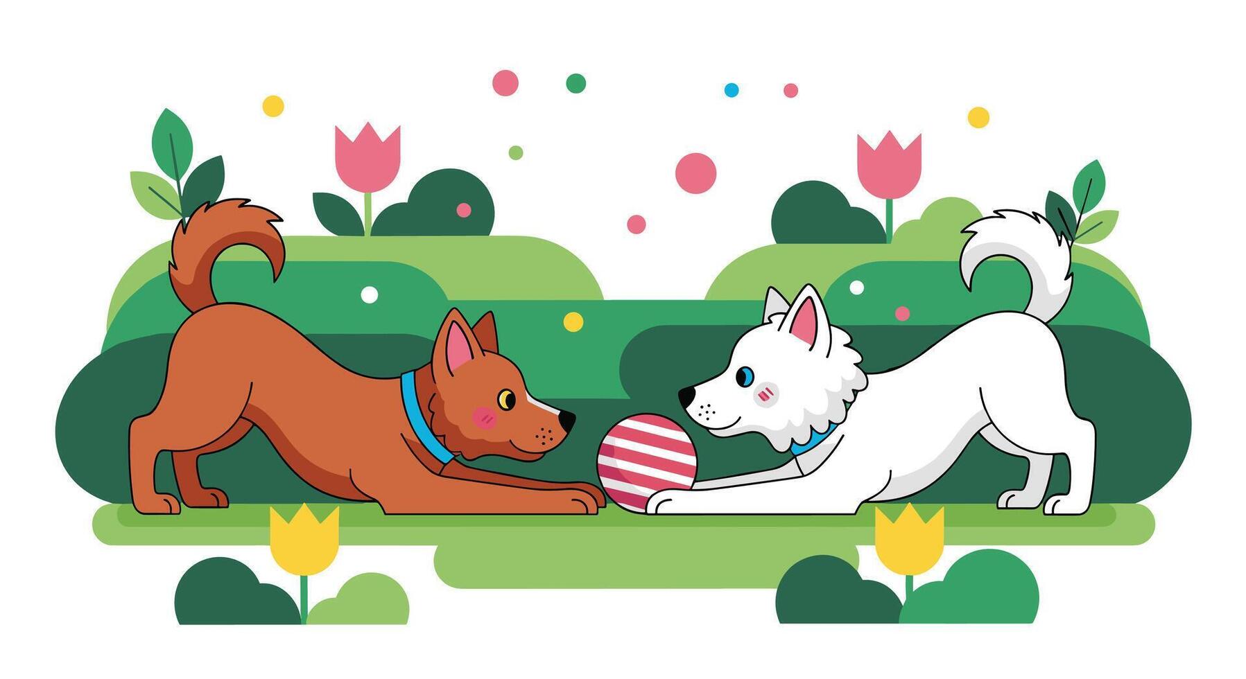 Two dogs playing with an easter egg vector