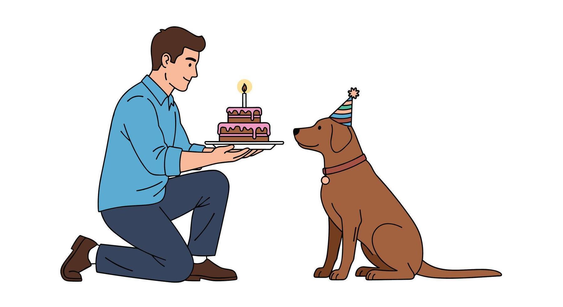 A man is holding a cake to a dog vector