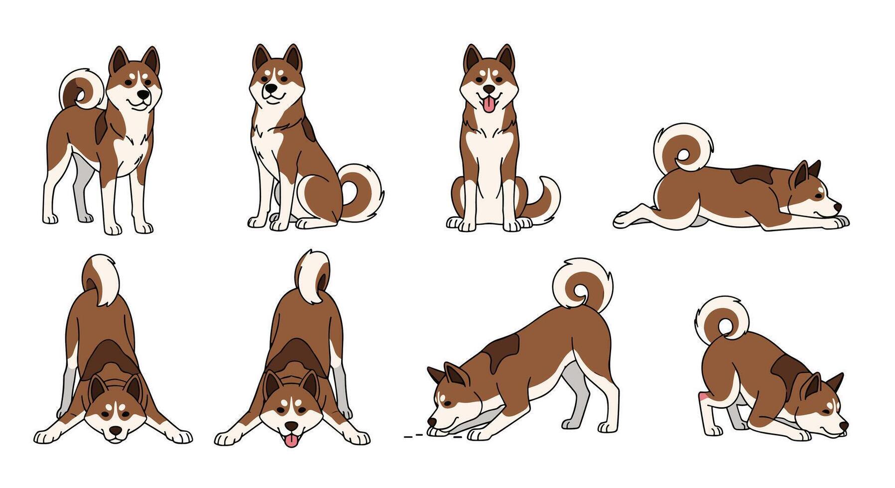 A set of different dog poses, including a dog with a tail vector