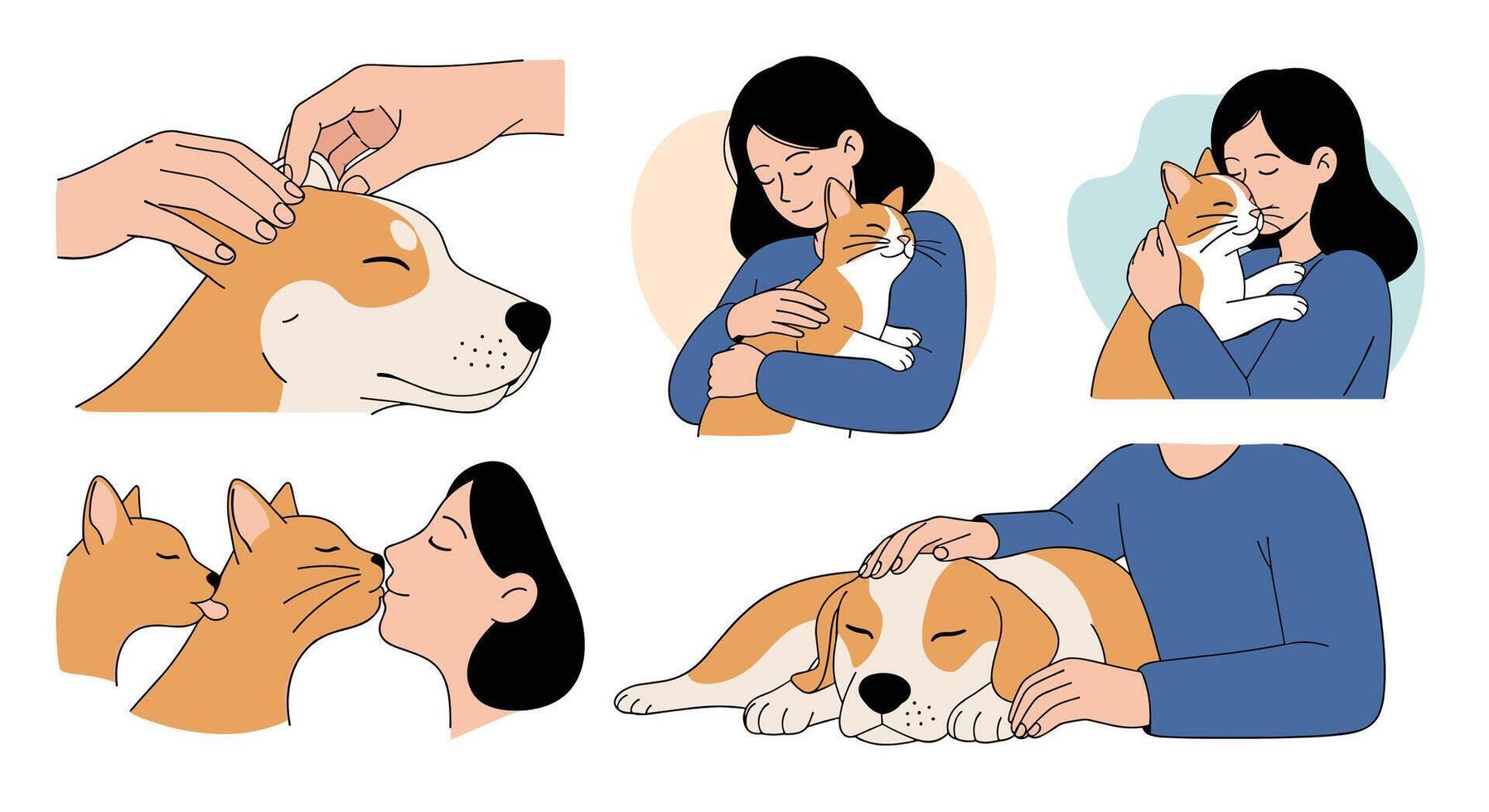 Illustration of a woman petting a dog and a cat vector
