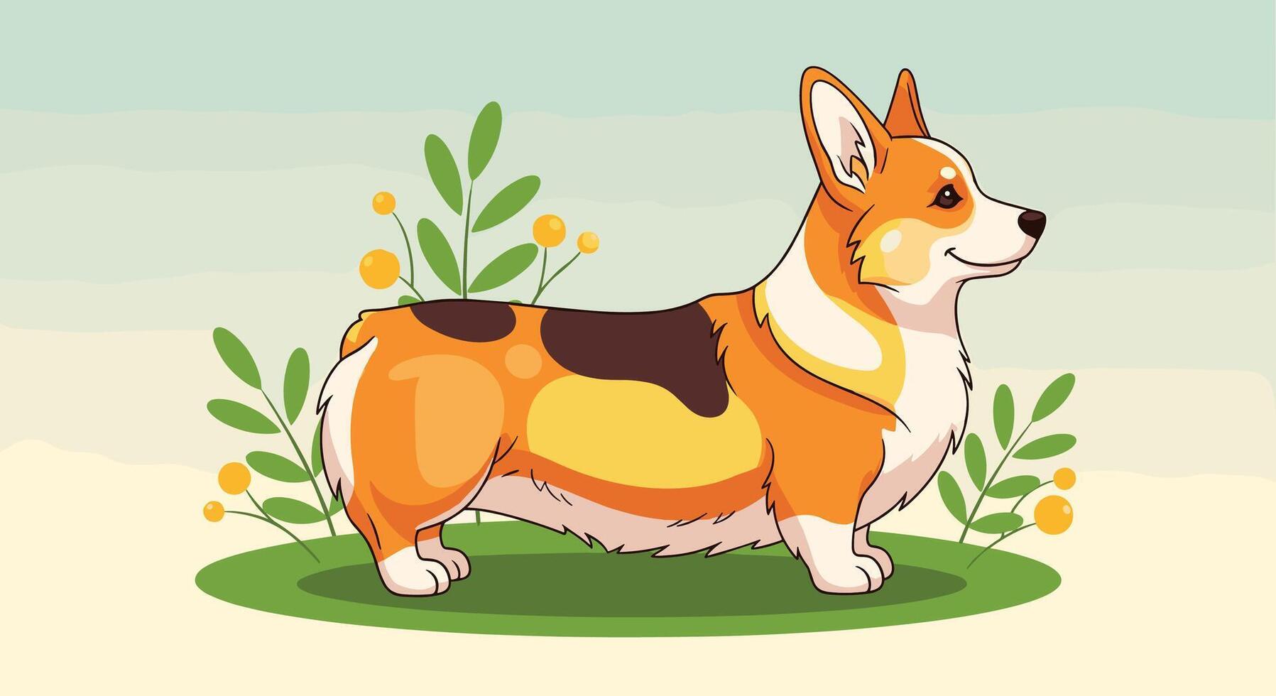 A cartoon dog standing in the grass with flowers vector