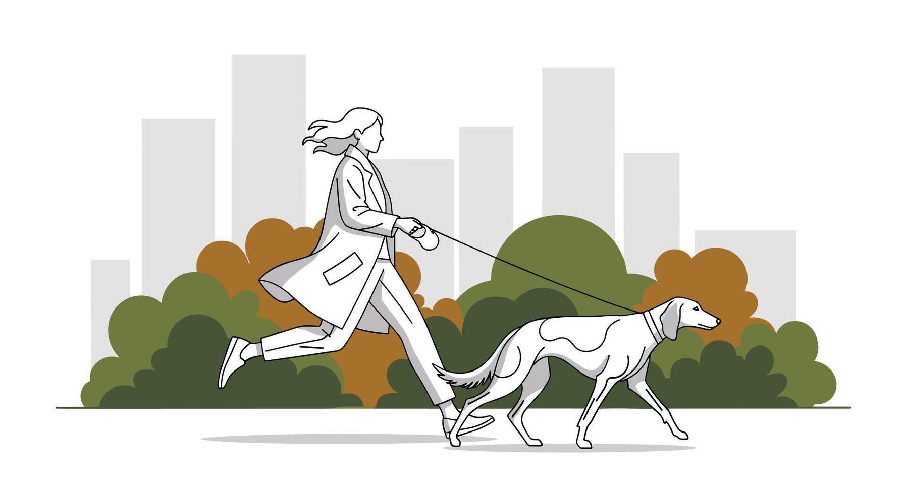 A woman walking her dog in the park vector