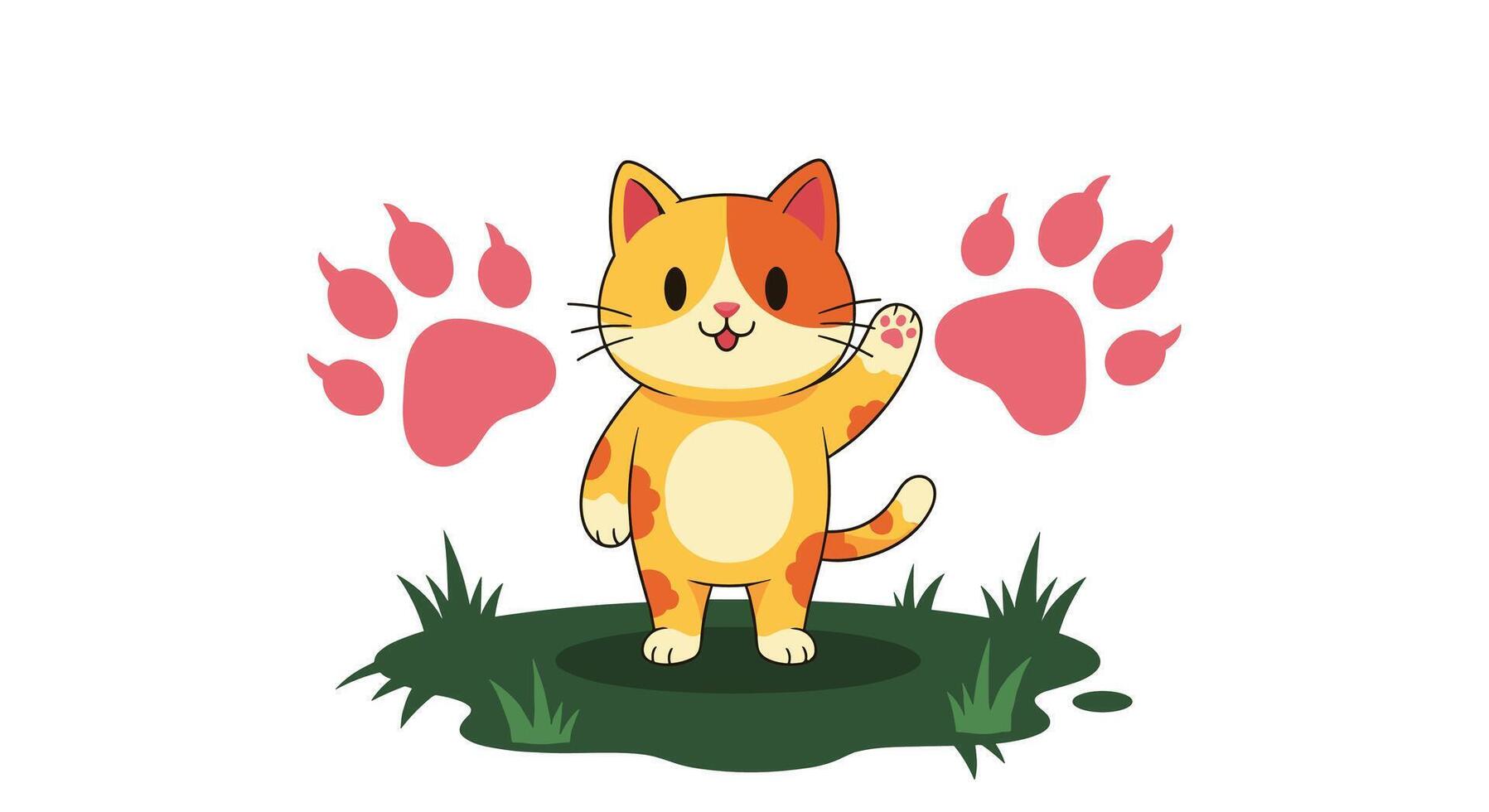 A cartoon cat standing in the grass with paw prints vector