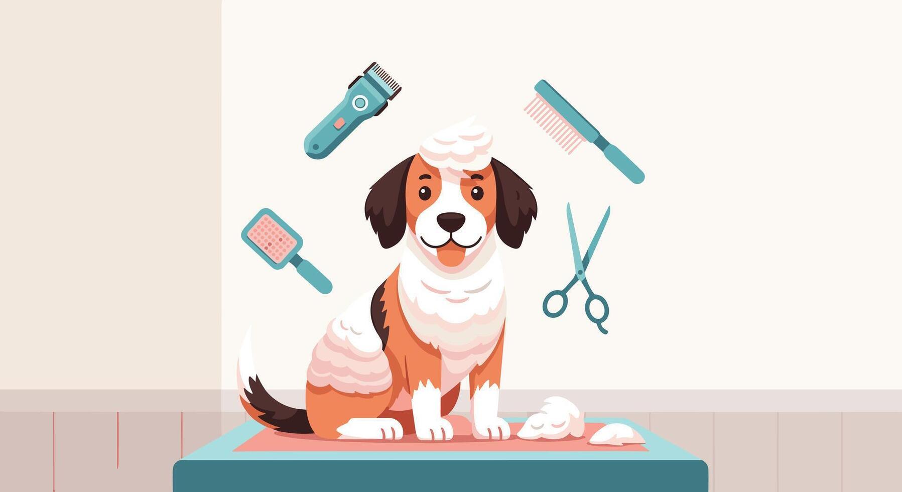 A dog sitting on a table with a comb, scissors and other tools vector