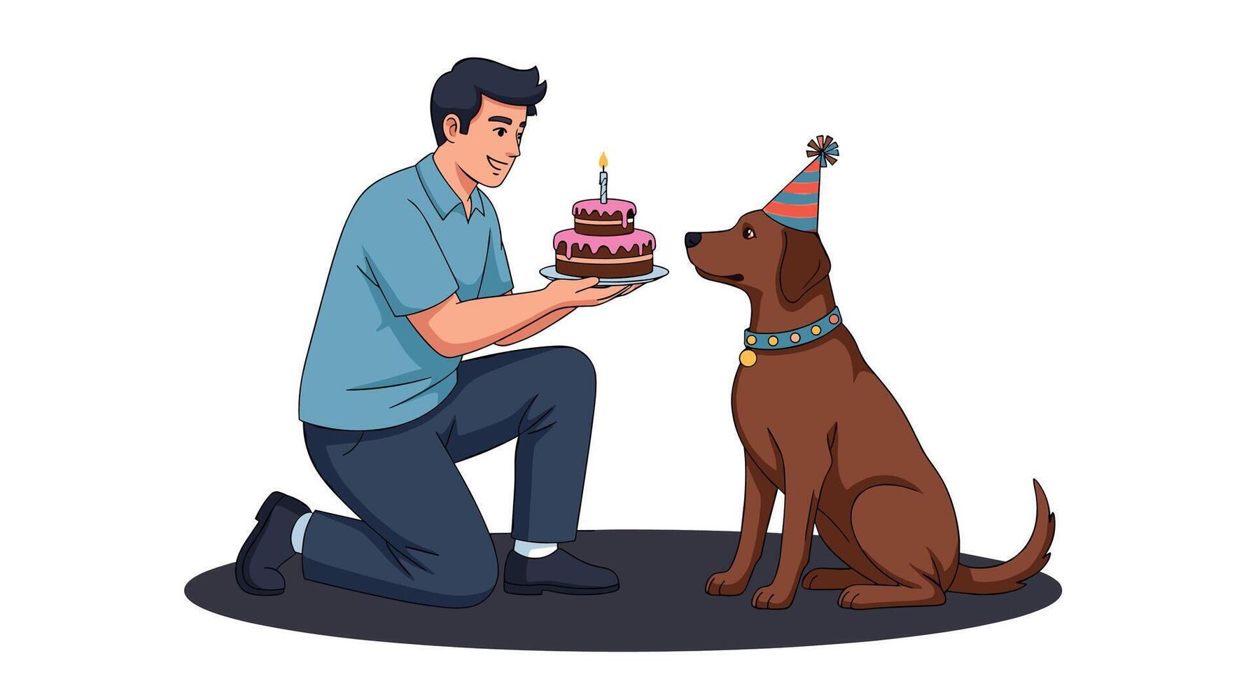 A man is giving a dog a birthday cake vector