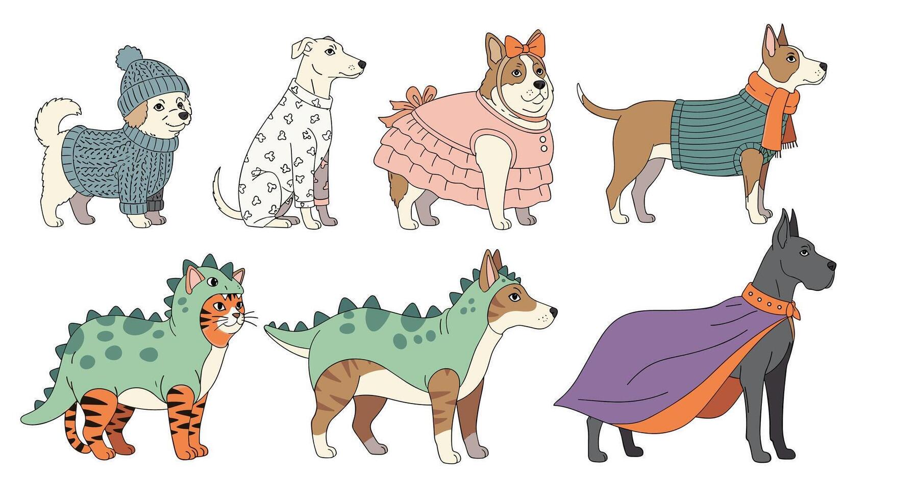 A set of cartoon dogs wearing different clothes vector