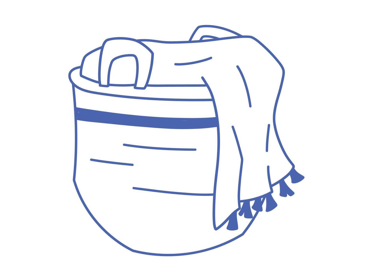 Doodle isolated of wicker basket with blue towel inside. Hand-drawn outline design for home textile, laundry, or interior organization concepts. vector