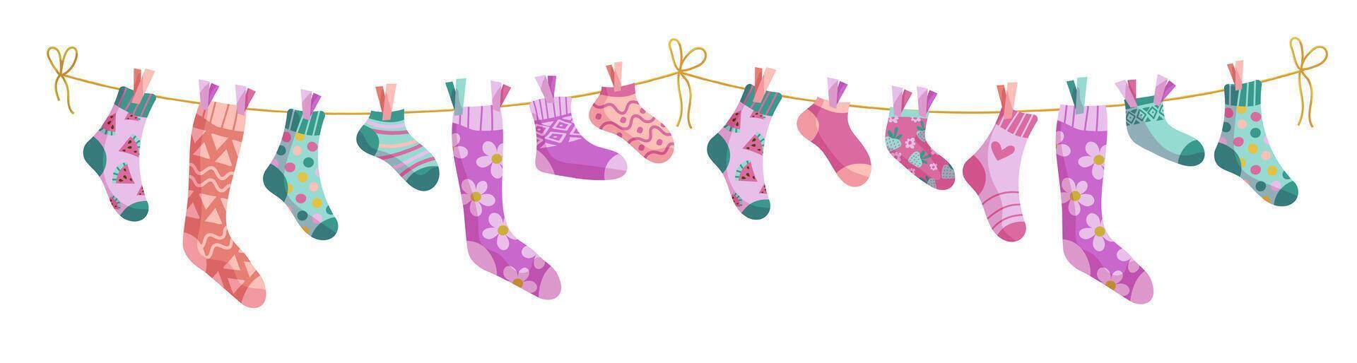 Clothesline socks. Socks on a rope, Baby socks with patterns cartoon. vector