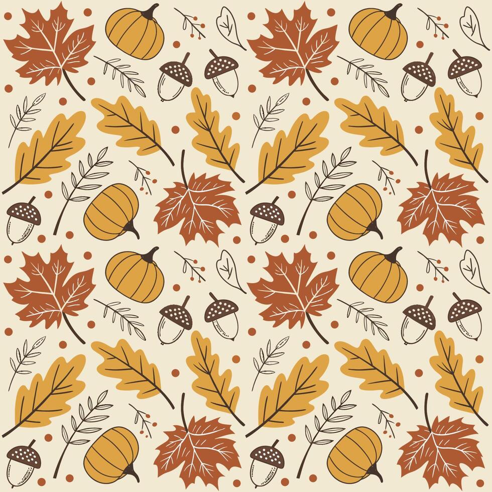 Cozy Fall-Themed Seamless Pattern with Mushrooms and Leaves in Burnt Orange and Mustard Yellow vector