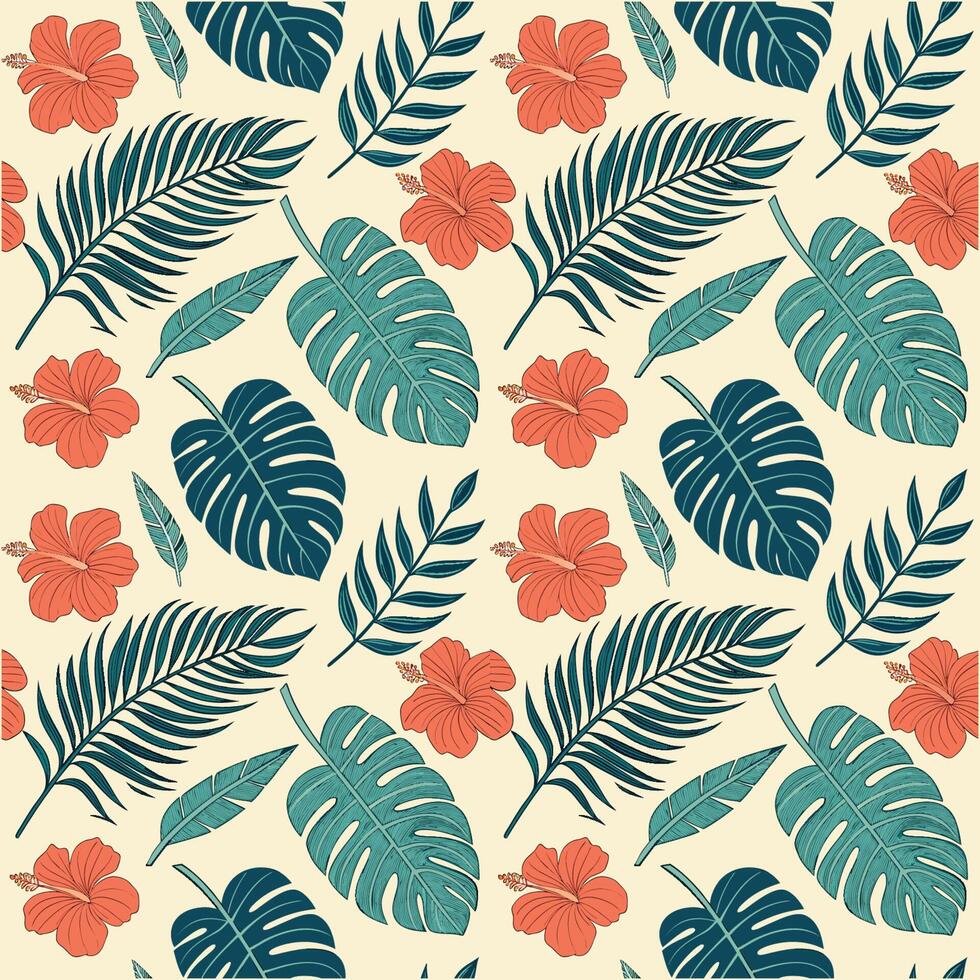 Seamless Resort-Themed Tropical Leaf and Flower Pattern for Swimwear and Summer Packaging vector