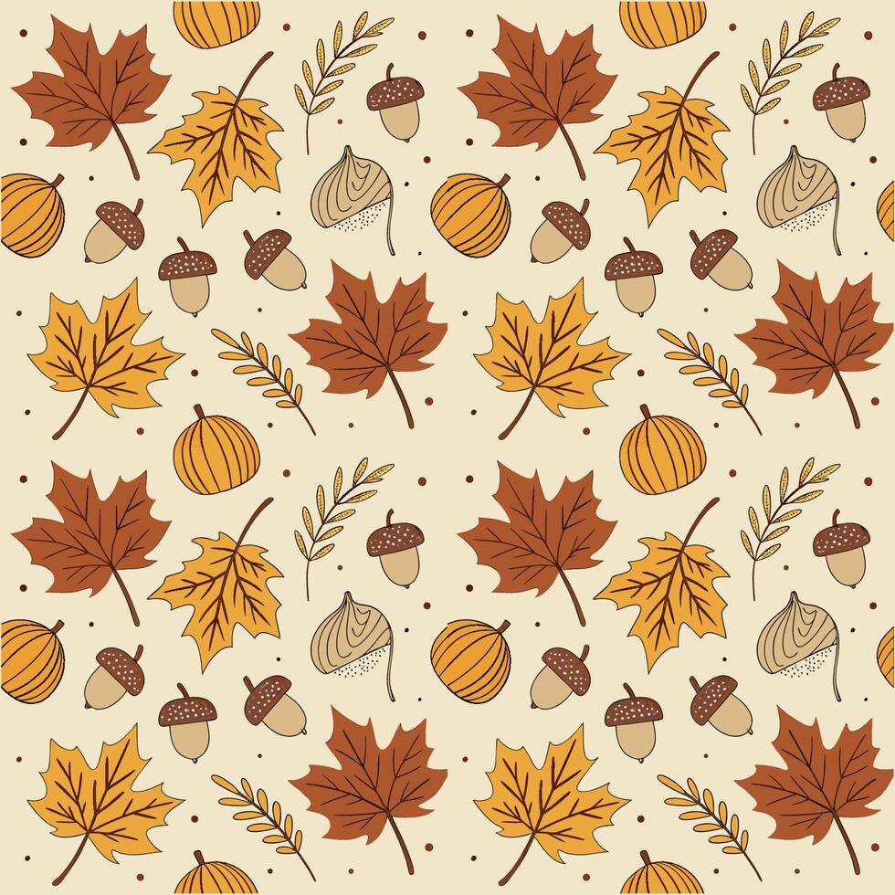 Seamless Autumn Pattern with Maple Leaves, Acorns, and Pumpkins in Earthy Fall Colours vector