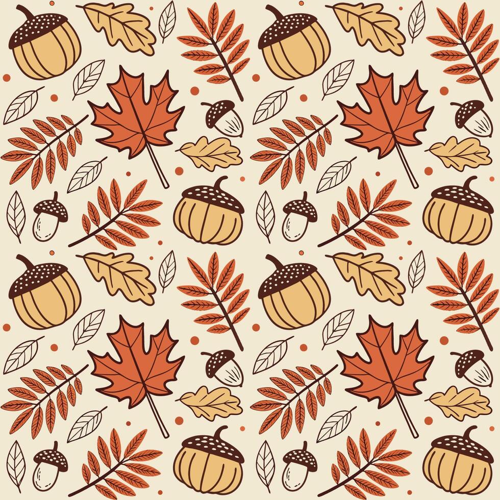 Hand-Drawn Autumn Harvest Seamless Pattern Featuring Acorns, Pumpkins, and Forest Foliage on Cream Background vector