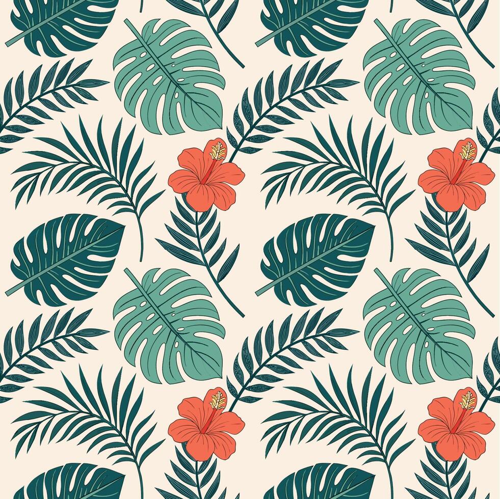 Tropical Seamless Pattern with Monstera and Palm Leaves in Green and Teal with Hibiscus Flowers vector
