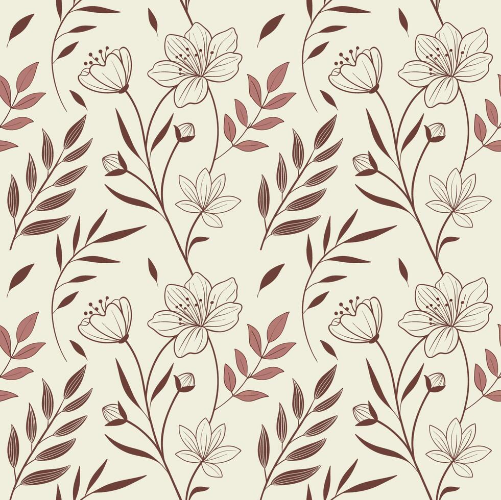 Hand-Drawn Seamless Pattern Elegant Outline Flowers and Leaves on Cream Background vector