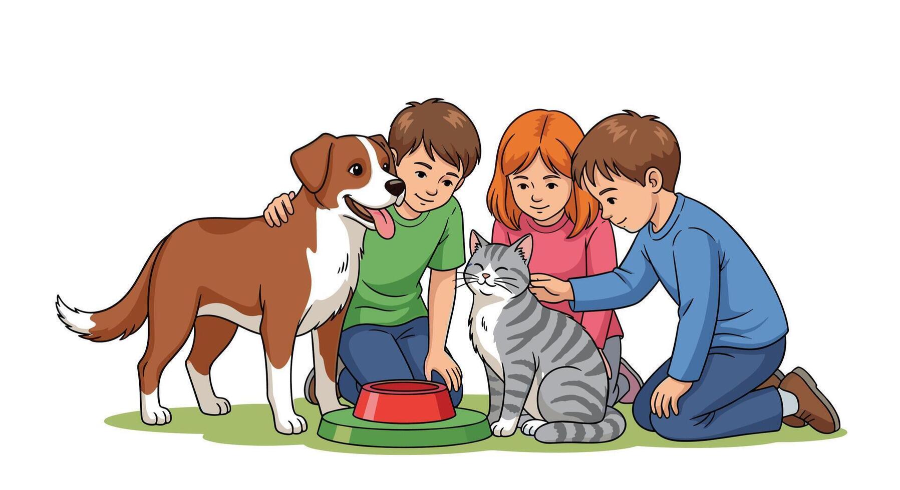 Children Playing with Pets Adorable Scene with Dog and Cat Love Animal vector