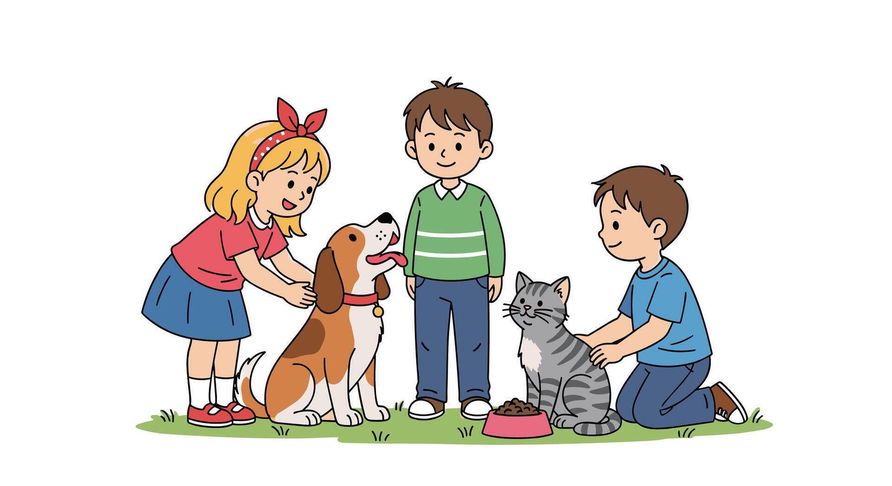 Children Playing with Friendly Dog and Cat on Sunny Day in the Park vector