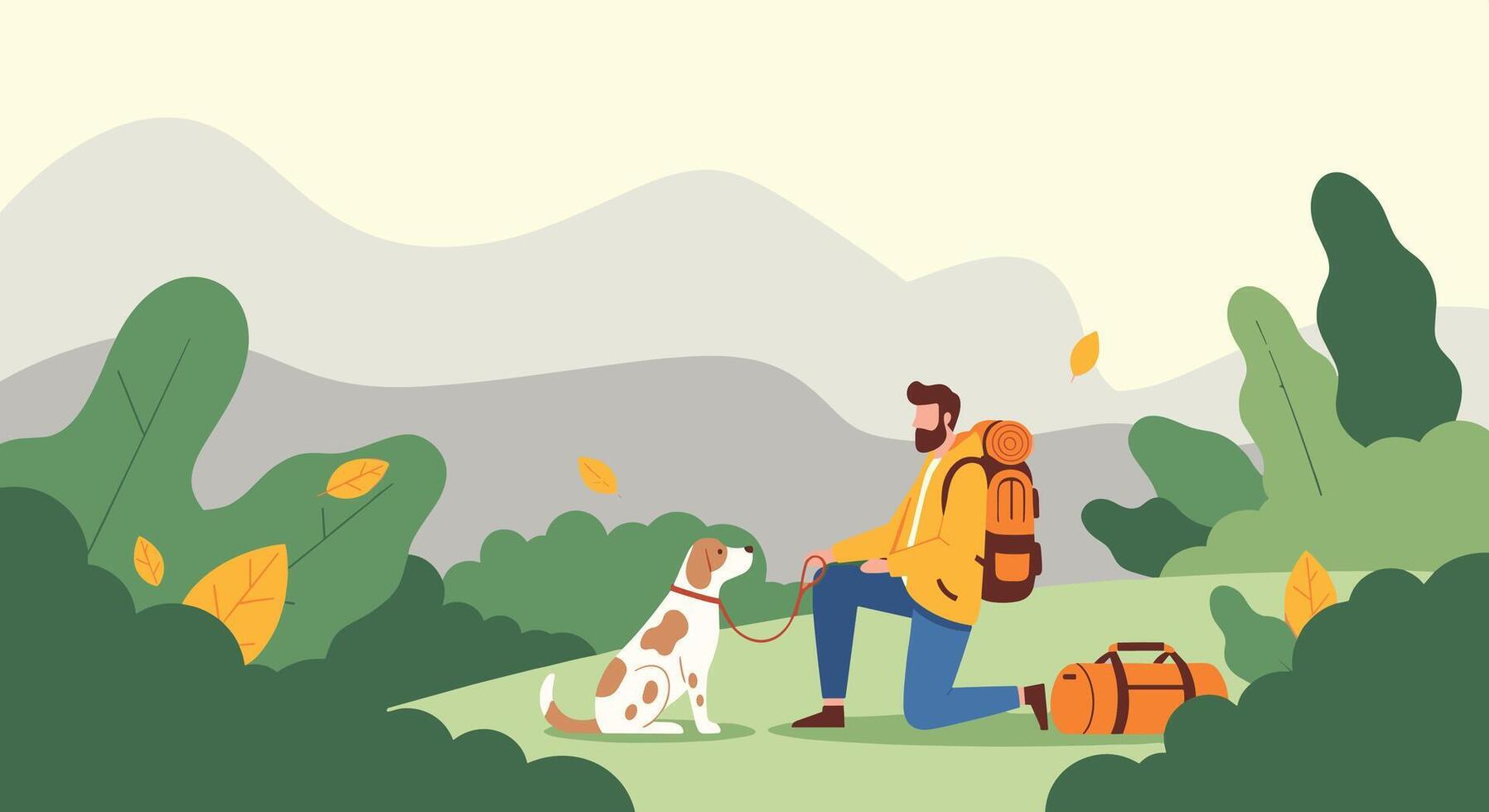 Exploring Nature's Beauty A Man's Adventure with His Dog in the Wilderness vector