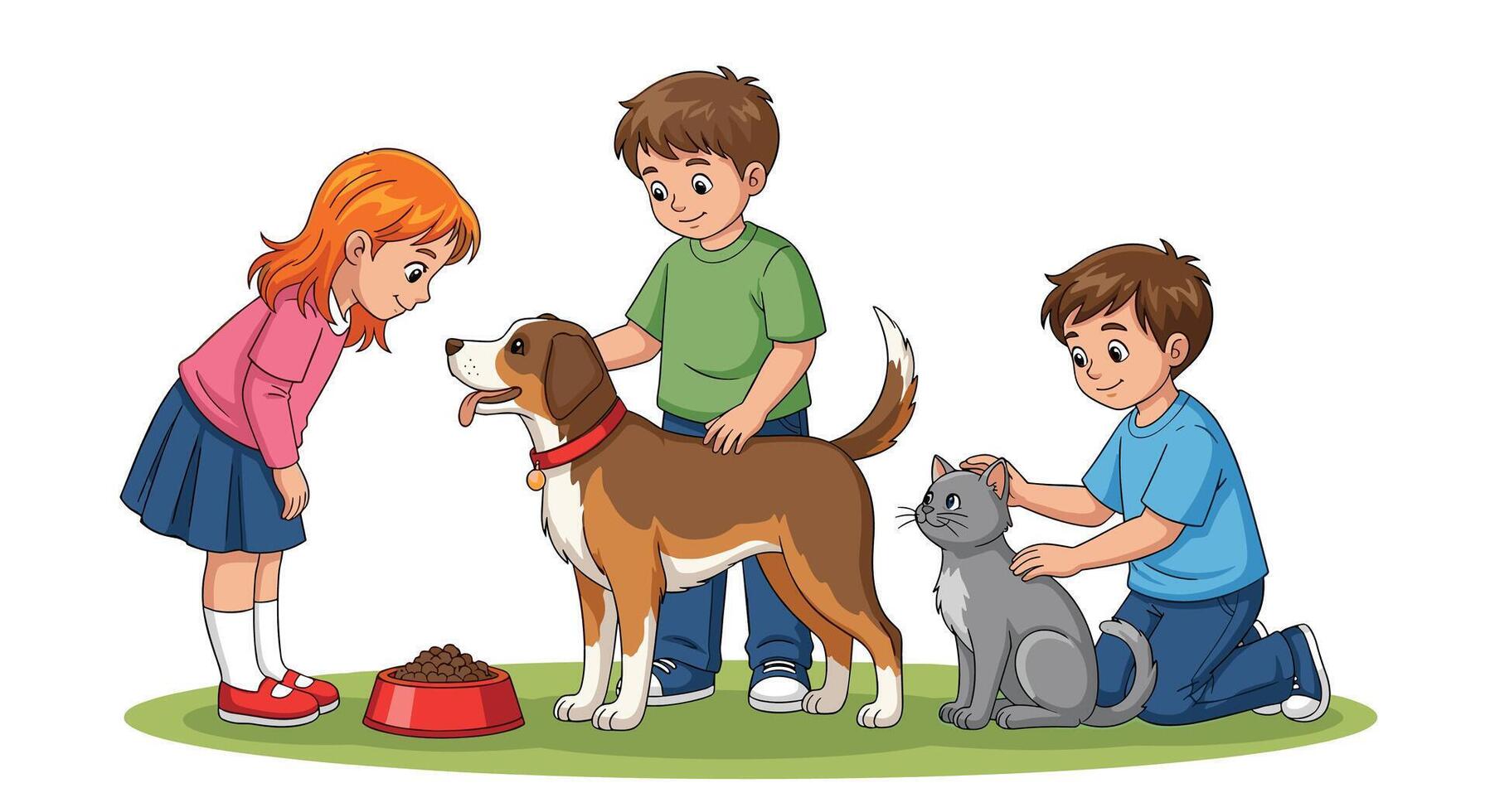 Children Interact with Beloved Pets A Joyful Scene of Affection and Friendship vector