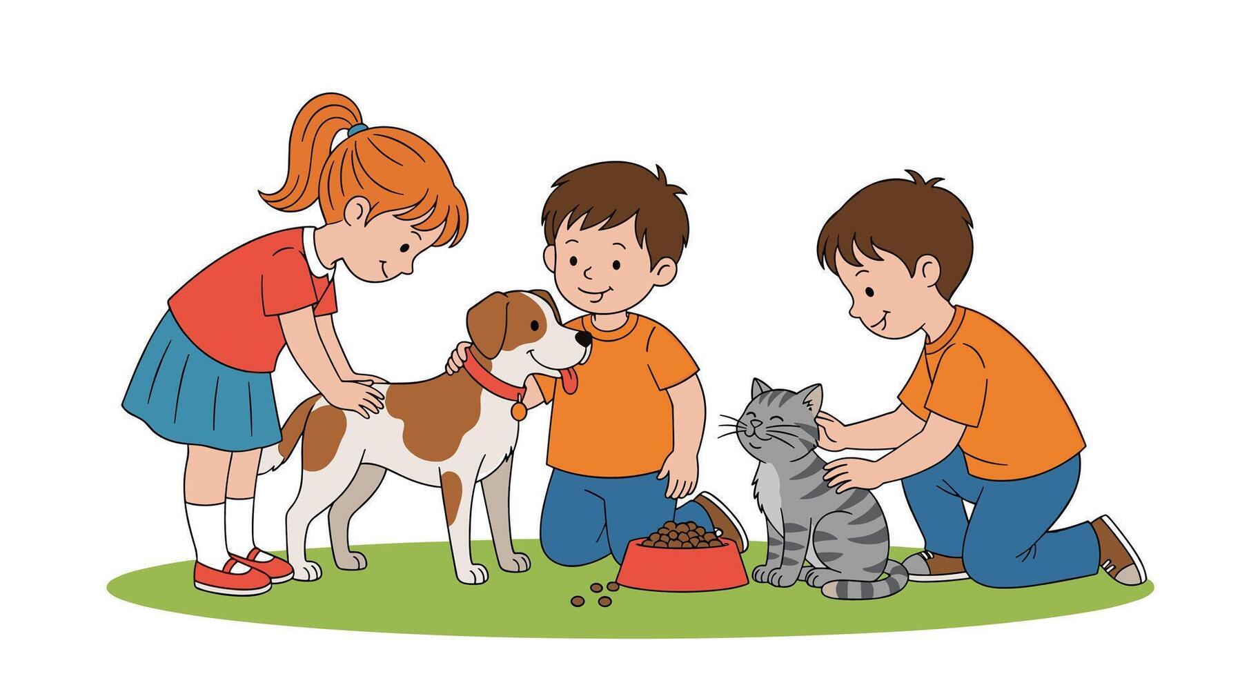 Children Play With a Dog and a Cat While Feeding Them Together Outside vector